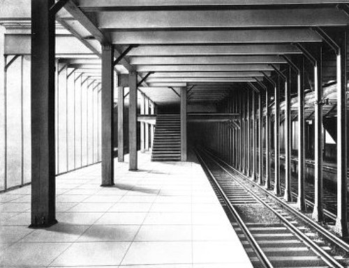 EXPRESS STATION AT 14TH STREET, SHOWING ISLAND AND
MEZZANINE PLATFORMS AND STAIRS CONNECTING THEM