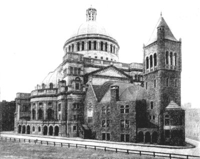 THE MOTHER CHURCH IN BOSTON
THE ORIGINAL BUILDING, AT THE RIGHT, IS IN THE FORM OF A CROSS, AND
THE IMMENSE "ANNEX," WITH ITS DOME, IS SUPPOSED TO REPRESENT A CROWN,
THE TWO BUILDINGS THUS FORMING THE CHRISTIAN SCIENCE SEAL—THE CROSS
AND CROWN