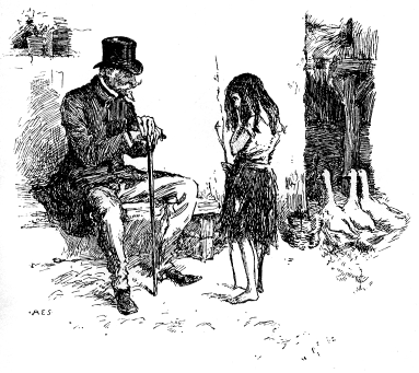 A dapper man with tophat and cane talks with a wretched-looking girl with a wooden leg. Three geese are nearby.