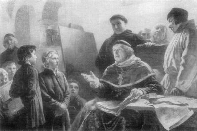 A painting showing Bishop Willigis in the Cloister school, surrounded by students
and monks who listen as he talks.