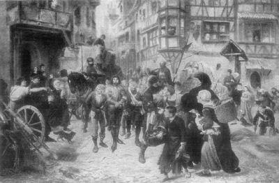 A painting showing bound robber barons being escorted through the streets
by armed guards. Inhabitants of the town surround the procession, shouting and
and throwing things at the bound men.