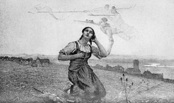 A girl wearing simple clothing kneels in a field at the centre of the
painting, looking upwards and holding her left hand to her ear. Three
ethereal figures float above her. They look like children. One is touching
her elbow and pointing, the second carries a sword, and the third carries a
banner. A herd of goats are in the background, some buildings are in the
distance, and a river and hills are in the far distance.