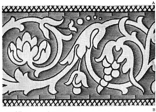 FIG. 216. BORDER, OUTLINED BY THE GROUNDING WORKED IN GOBELIN
AND STEM STITCH. First part.