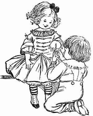 We were married in the right-hand closet in
the corner of the dancing-school where first we met, with a ring (a
green one) from Wilkingwater's toy-shop.