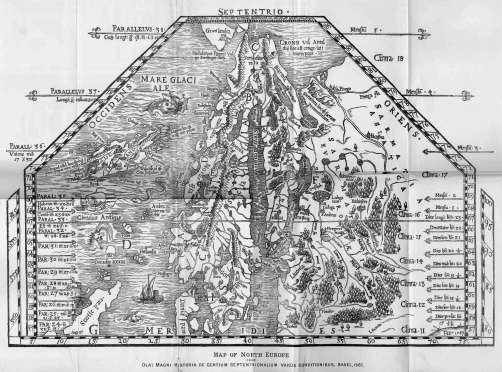 Map of North. Europe from Olai Magni Historia de gentium septentrionalium variis conditionibus, Basil, 1567.