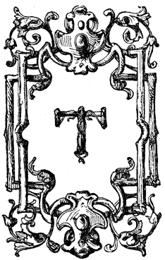 Capital T in an ornate frame.