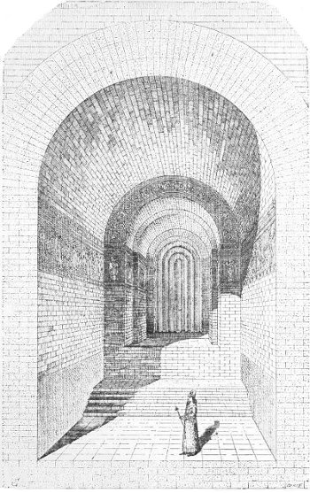 Fig. 90.—Interior of a chamber in the harem of Sargon's
palace at Khorsabad; compiled from Place.