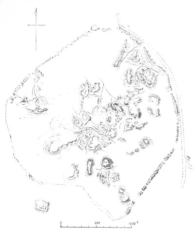 Fig. 172.—Map of Warka with its ruins; from Loftus.
A, Bouvariia; B, Wuswas; C, ruin from the Parthian epoch; D, building
decorated with coloured cones (see page 279).