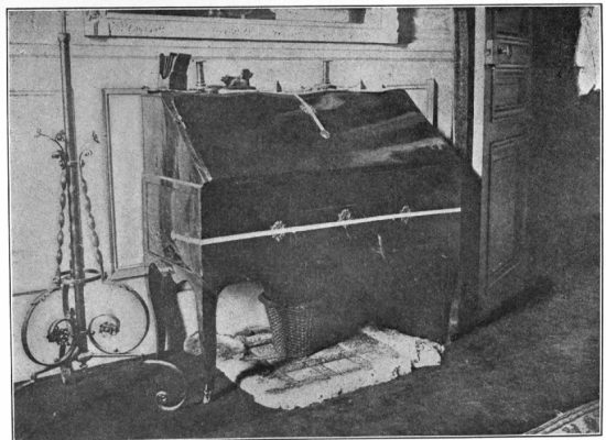 THE DESK (WITH SEALS AFFIXED) IN THE BOUDOIR, FROM WHICH THE MONEY
AND THE DUMMY PARCEL OF DOCUMENTS WERE STOLEN ON MAY 30-31ST. 1906