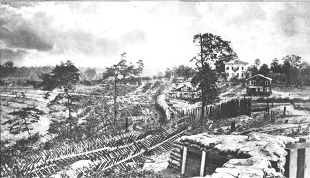 Chevaux-de-frise, made of logs pierced by sharp stakes, line the Georgia countryside. Confederate defensive measures such as
this were effective in stopping cavalry and preventing surprise frontal attacks by infantry.