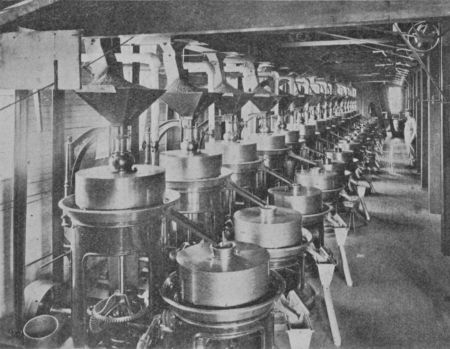 Fig. 42.—Grinding Cocoa.

(Permission of Walter Baker & Co., Ltd.)