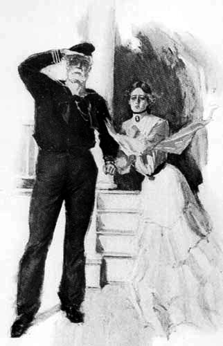 A man wearing a captain's uniform, standing next to a young woman wearing a long dress.