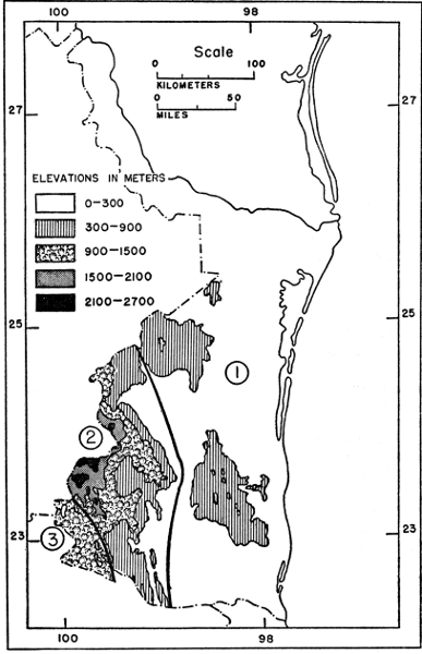 Fig. 1. Three physiographic regions: 1 Coastal Plain; 2
 Sierra Madre Oriental; 3 Central Plateau.