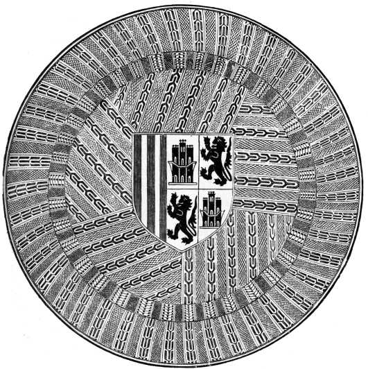 SALVER, DIAPERED IN GOLDEN LUSTRE, WITH THE SHIELD OF
ARAGON, LEON, AND CASTILE. HISPANO-MORESCO. 15TH OR 16TH CENTURY. SOUTH KENSINGTON MUSEUM.
