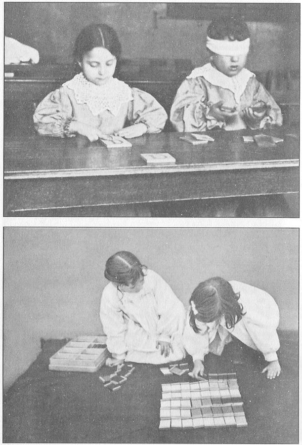 (A) GIRL TOUCHING A LETTER AND BOY TELLING OBJECTS BY WEIGHT.
(B) ARRANGING TABLETS OF SILK IN THEIR CHROMATIC ORDER. There
are eight colours, and eight shades of each colour, making sixty-four gradations in all.