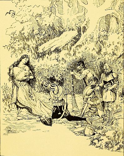 Princess holding bag of rubies while men fall at her feet