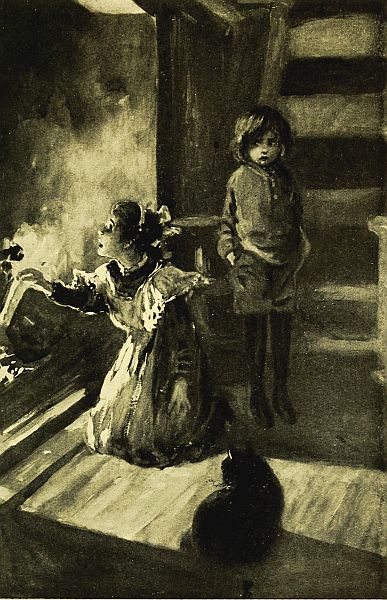 Girl knelt by fire, child on stairs