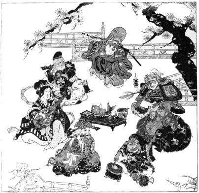 Yebis. Shiou-ro. Bis-jamon.

Benten. Tossi-toku. Daikoku. Hotei.

Fig. 110.—Picnic of the Household Gods of Japan.