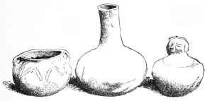 Fig. 403.—Mound-builders’ Vases, from Southern Missouri.
Centre piece, height, 9 inches. (Mrs. J. V. L. Pruyn Coll.)