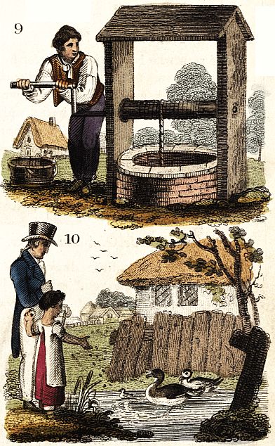 9: man working at well; 10: Man and girl looking at ducks