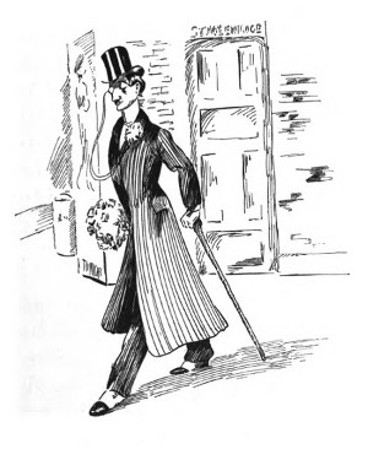 dandy in top hat with monicle and cane carrying flowers outside stage door