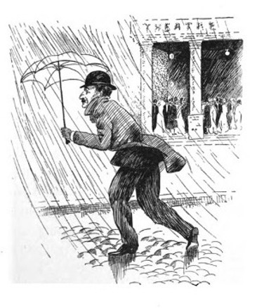 man with umbrella in the rain outside theater