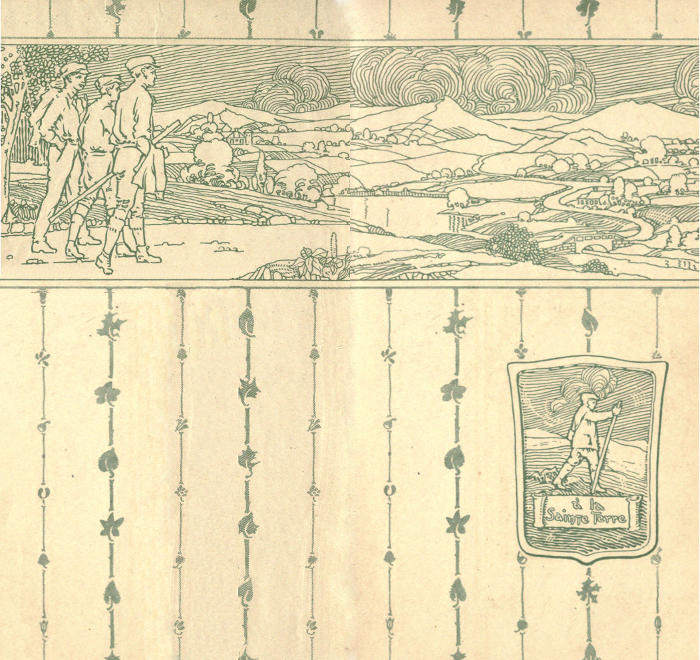 An illustration from the end papers of the book: party of walkers looking out over a landscape