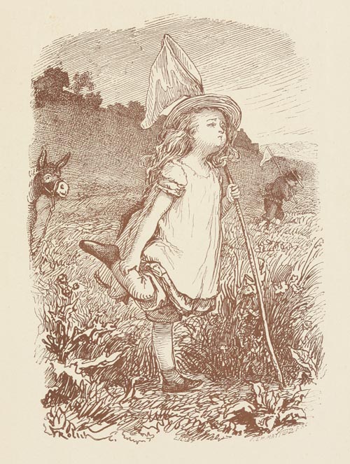 Minnie with her leg bent, one hand holding her calf as the other holds her net up. The donkey watches her as Bertie walks in the background.
