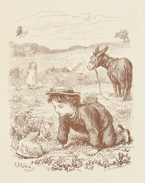 Bertie on his hands and knees, looking at the net he is holding on the ground, while the butterfly flies above. The donkey looks over at him and Minnie stands in the background.
