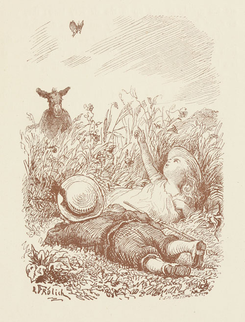 Bertie and Minnie lying on the grass, the donkey watching as the butterfly flies over them.