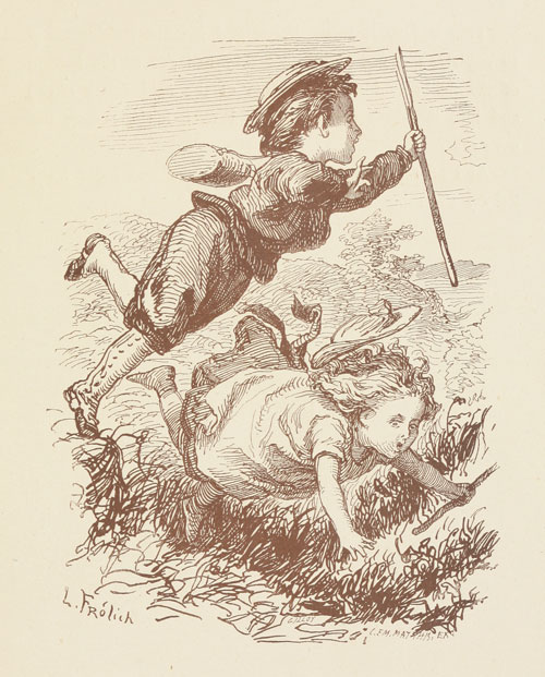 Bertie tripping and about to fall, net in hand, as Minnie falls to the ground.