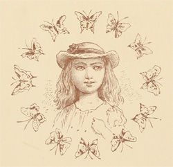 Little girl's head, surrounded by butterflies.