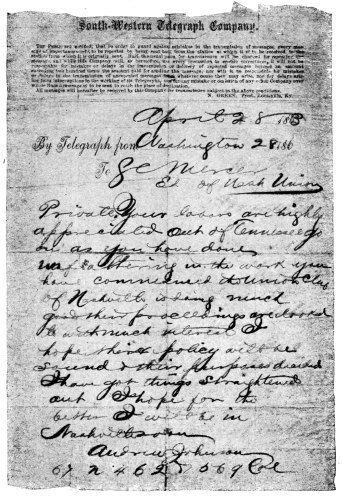 Image unavailable: [Telegram from Andrew Johnson, Military Governor of
Tennessee, to S. C. Mercer, Editor of the “Nashville Daily Union.”