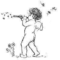 A cupid playing music on a pipe