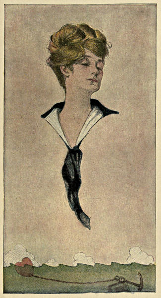 Bust of a lady in a sailor-suit-style collar, above water