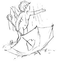 A cupid with an umbrella in the rain