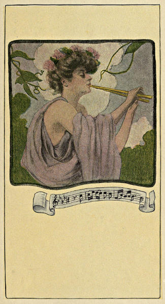 A lady in classical draped clothing playing pipes