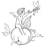 A cupid sitting on an apple, chasing away a wasp