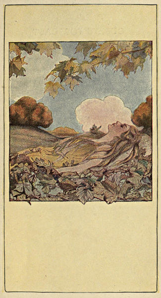 Lady (Summer) lying down in an autumnal landscape