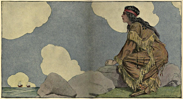 A Native American woman watching two ships sail away