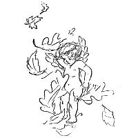 A cupid surrounded by falling leaves
