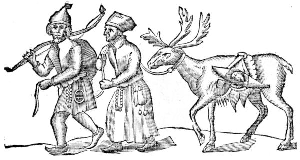 Laplanders leading reindeer