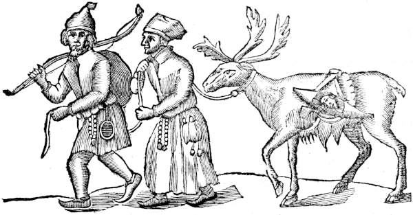 Laplanders leading a reindeer
