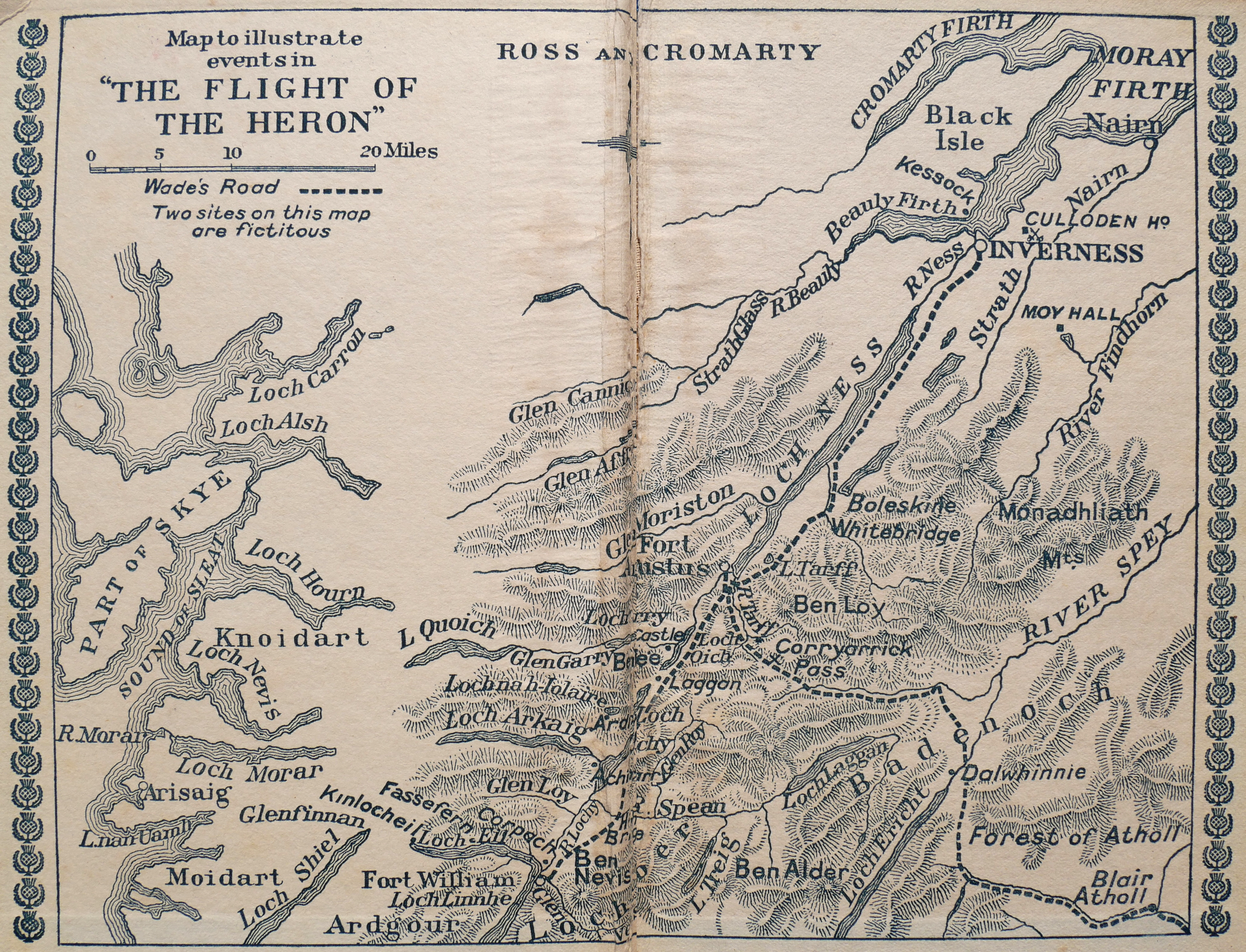 Map to illustrate events in “The Flight of the Heron”. The map shows the Great Glen and the Western Highlands of Scotland, with two fictitious locations added: ‘Ardroy’, to the northeast of Loch Arkaig, and ‘Ben Loy’, north of the Corryarrick (Corrieyairack) Pass.