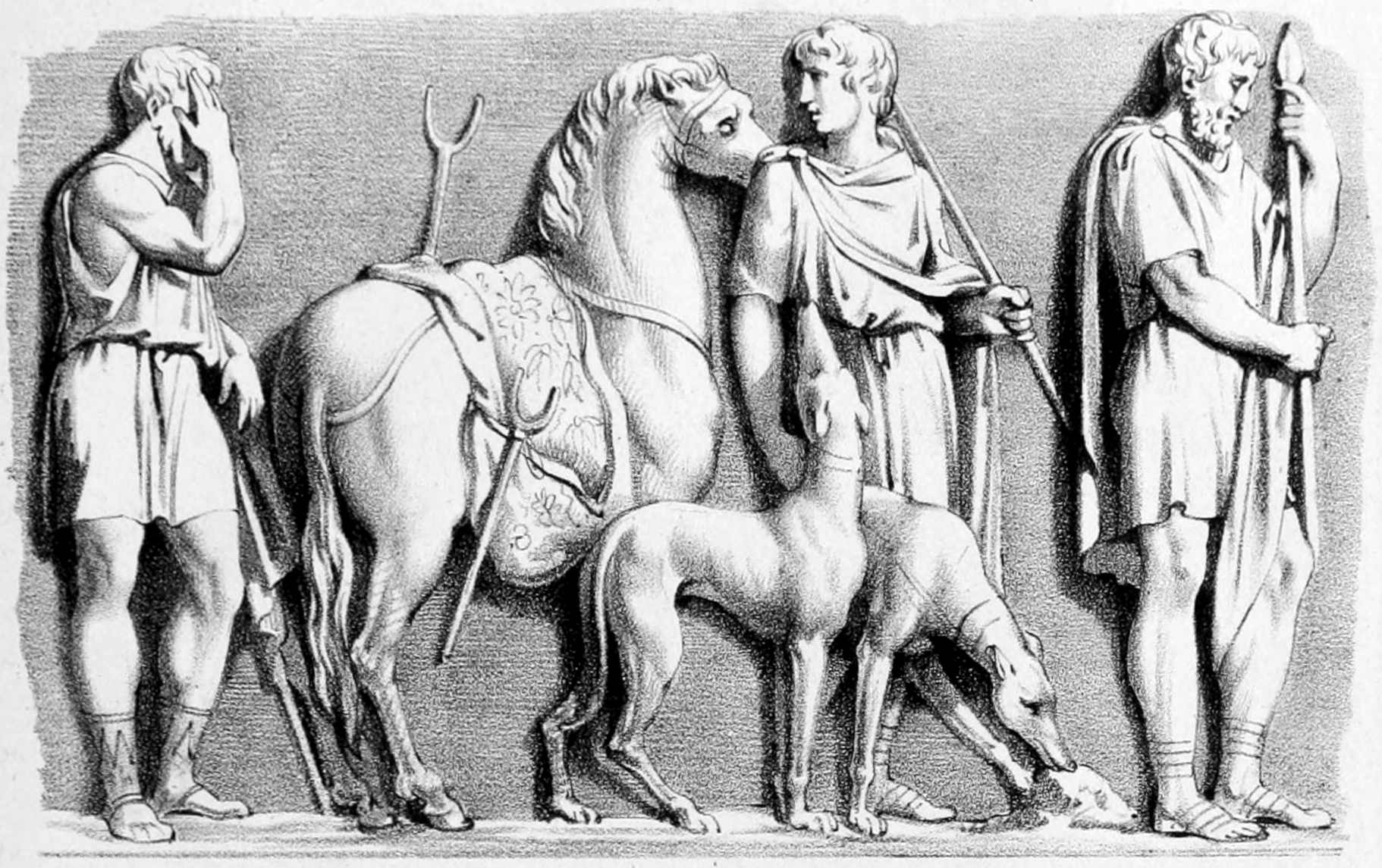 Funeralis Pompa. In Ædibus Barberinis. 3 men with a horse and a greyhound.