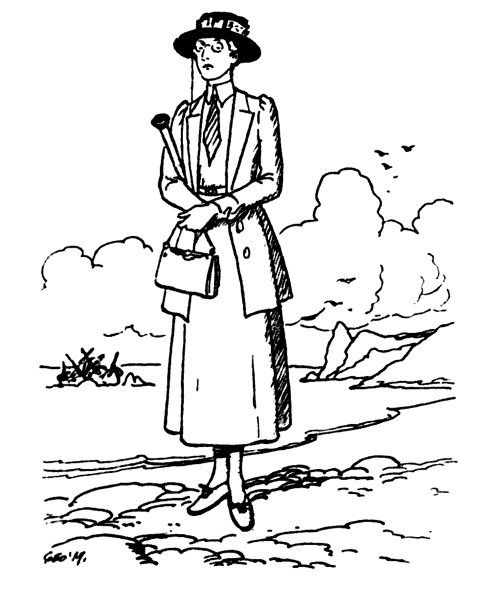 The drawing of a woman with a hat, cane, tie and spectacles
with a serious expression.