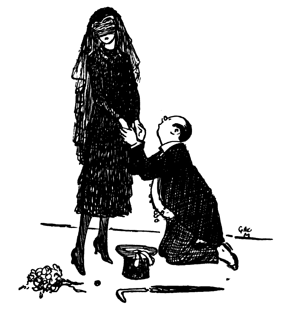 A drawing of a man with a black suit kneeled before a woman
dressed in black and with a veil, lokking away from the man.