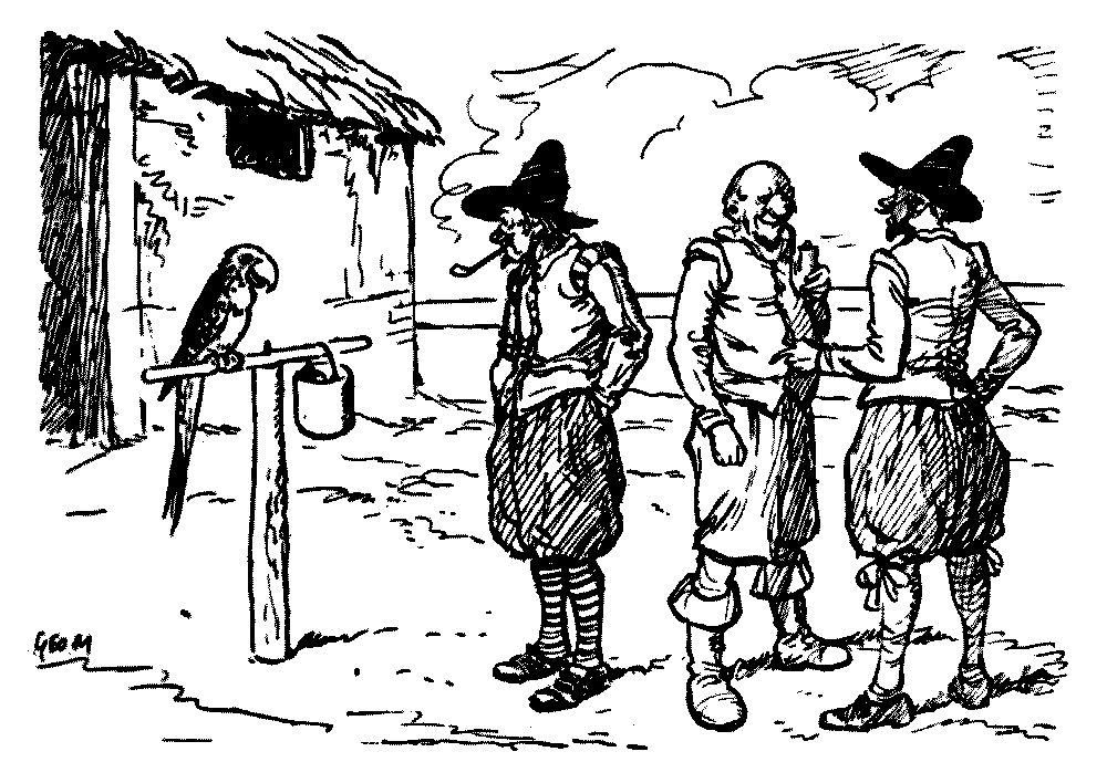 A drawing of three men, with two men conversing on the left side
and the third looking at a parrot.