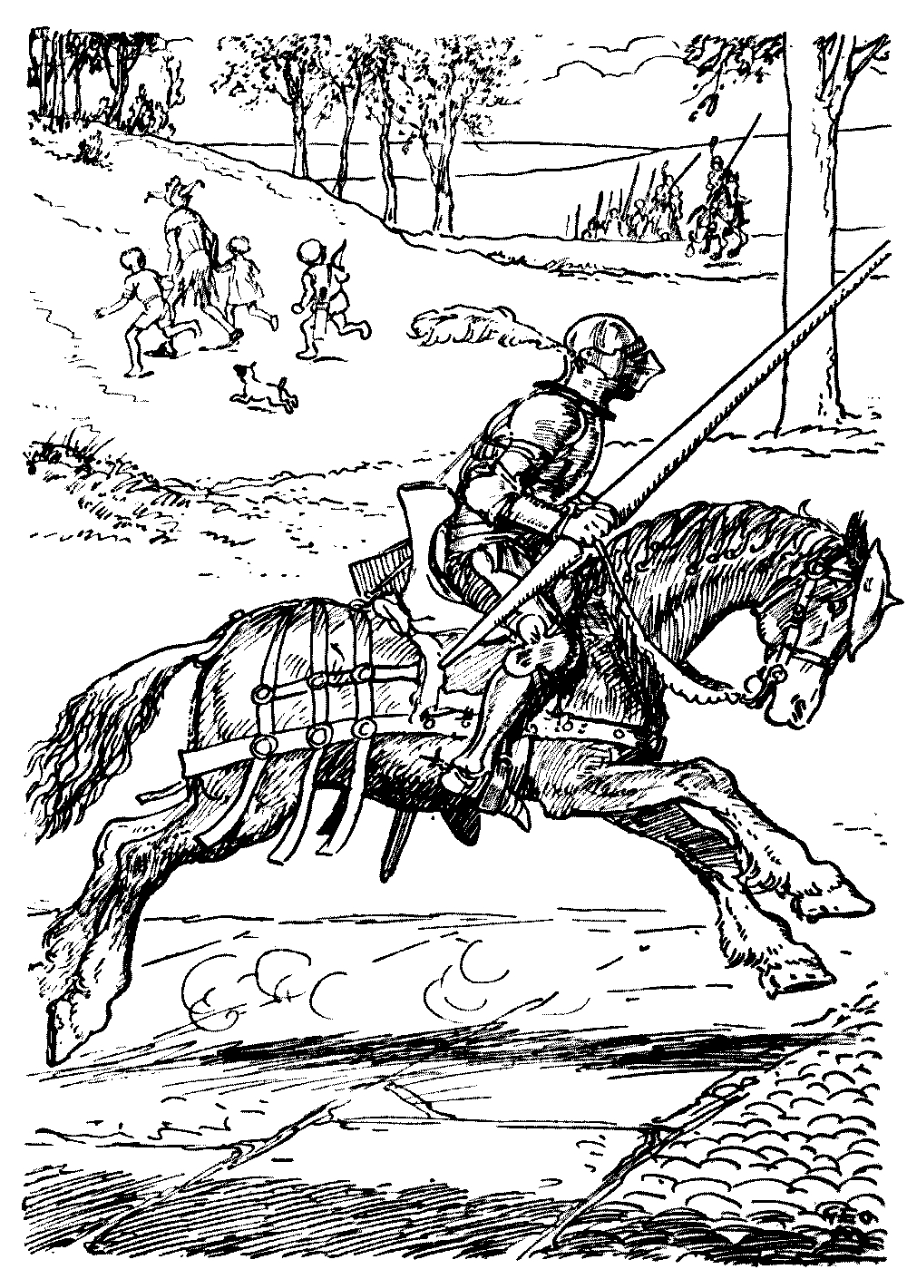 A drawing of a knight on horseback with a lance, charging to the left
side of the picture.