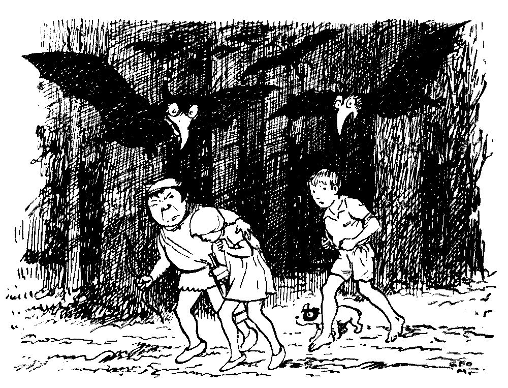 A drawing of two children and a snerg, being
harassed by bats.